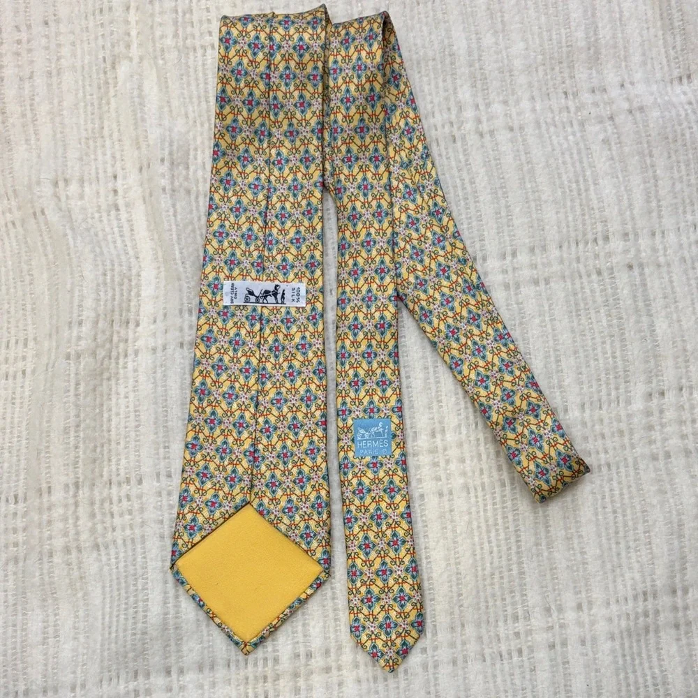 Hermes Paris Elegant Multicolor Patterned  Silk Tie Yellow Blue - Picture 3 of 6